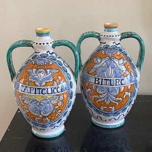 Italian Deruta Pottery Pair of Signed Francesca Niccacci Candlesticks or Vases image 1