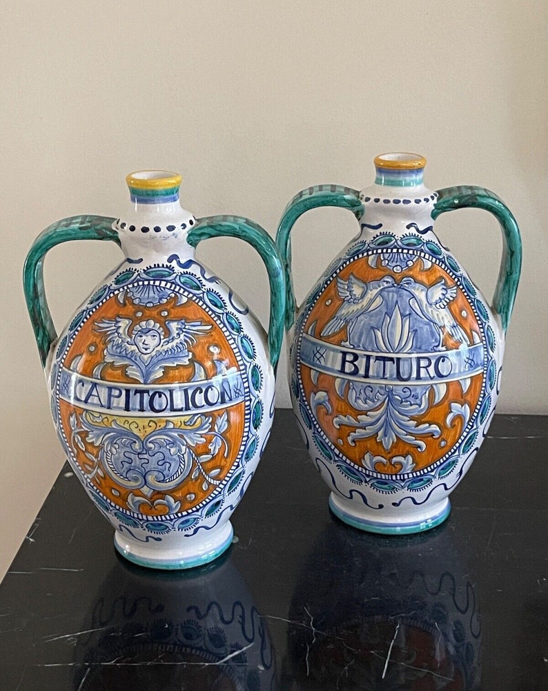 Italian Deruta Pottery Pair of Signed Francesca Niccacci Candlesticks or Vases image 1