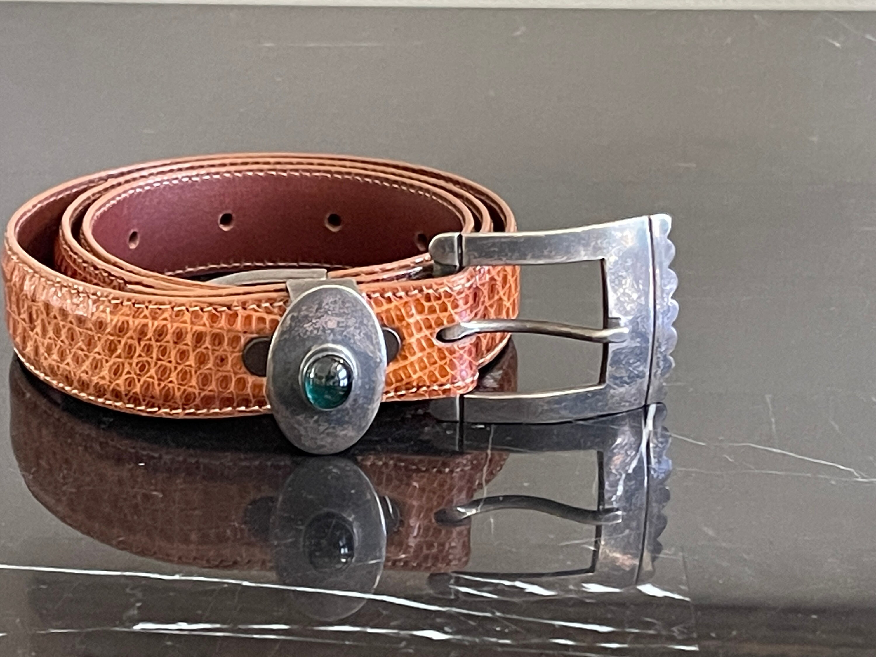 Jeff Deegan Brown Lizard Belt with Turquoise and Wood Buckle Vintage il_fullxfull.7433406341_o9up.jpg main image 2