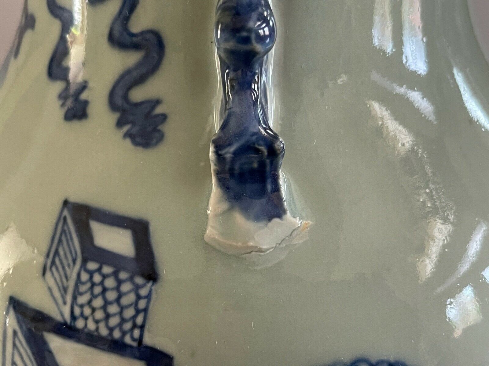 Antique Chinese Celadon Pottery Vase With Blue Decoration and