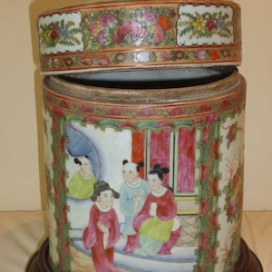 Unusual Vintage Chinese Famille Rose Lidded Canister Jar on a Wood Base image 3