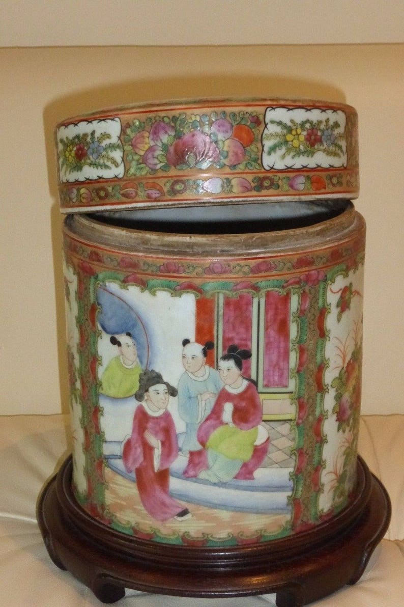 Unusual Vintage Chinese Famille Rose Lidded Canister Jar on a Wood Base image 3