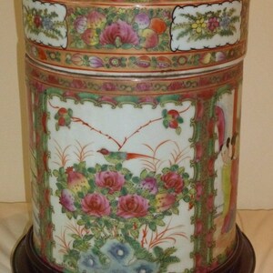 Unusual Vintage Chinese Famille Rose Lidded Canister Jar on a Wood Base image 5