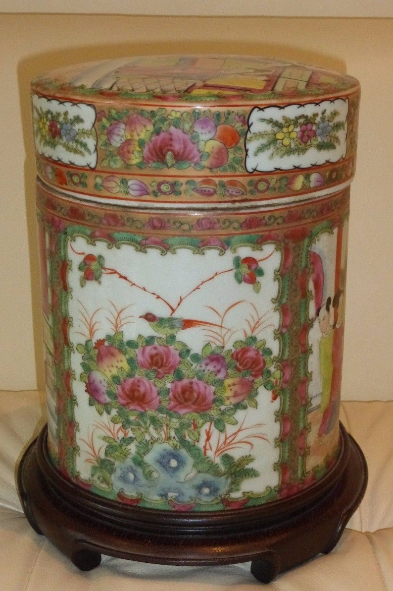 Unusual Vintage Chinese Famille Rose Lidded Canister Jar on a Wood Base image 5