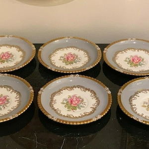 Aynsley 7913 Gray Rim Gold Trim & Pink Rose 6 Cream Soup Saucers by G. Bentley