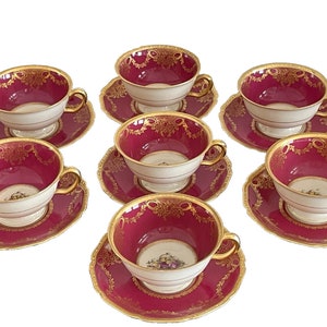 7 Vintage Hohenberg Bavaria Black Knight Red Floral Cups and Saucers