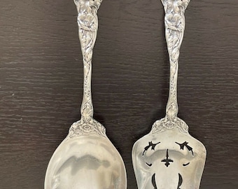 Vintage Art Nouveau Sterling Silver Pierced Serving Fork and Spoon 293 Grams