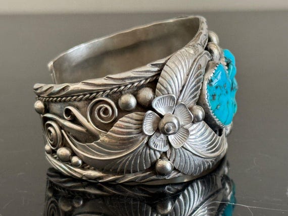 アクセサリー 80's Vintage Navajo Turquoise Bangle Vintage Huge Sterling Silver Navajo Turquoise Watch Bangle