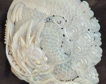 Antique Chinese Framed Mother of Pearl Shell With Hand Carved