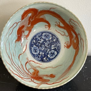 Antique Chinese Kangxi Iron Red Dragon Phoenix Celadon Porcelain Bowl
