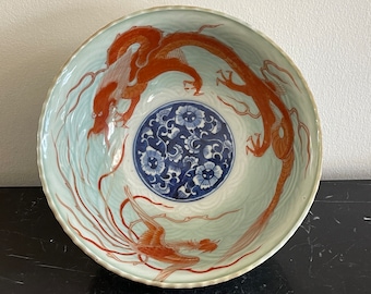 Antique Chinese Kangxi Iron Red Dragon Phoenix Celadon Porcelain Bowl