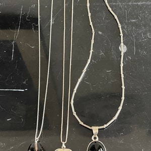 Fashion .925 Sterling Silver Chain Necklaces with Black Stone Pendant Set of 3