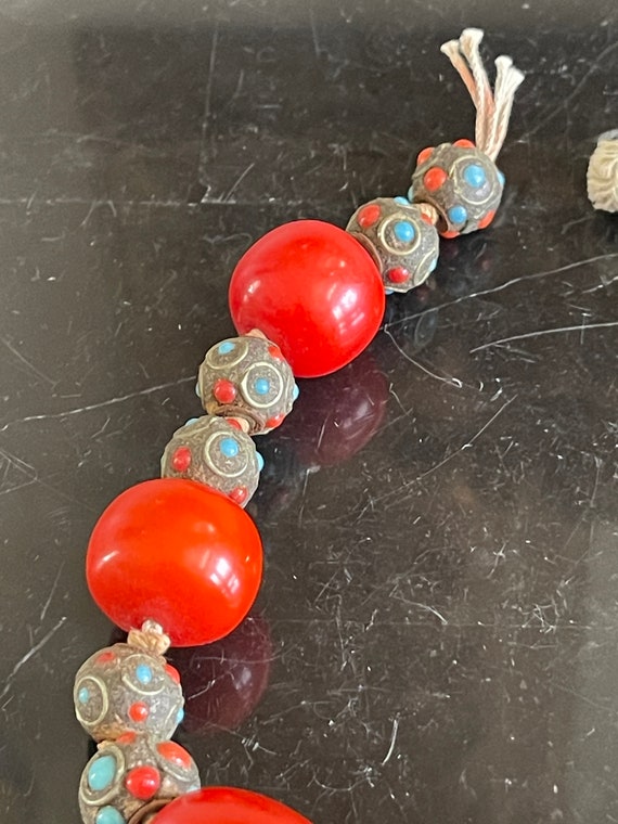Vintage Tibetan Coral Turquoise Inlay Stones Bead… - image 7