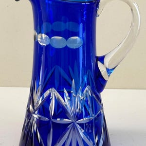Vintage 10" Tall Bohemian Cut to Clear Cobalt Glass Pitcher