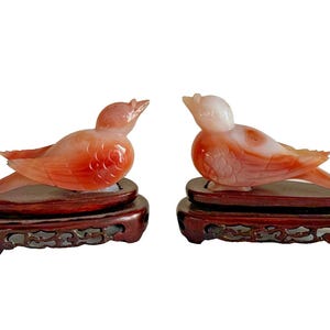 Vintage Chinese Carved Agate Quartz Pair of Birds Sculpture on Wood Base