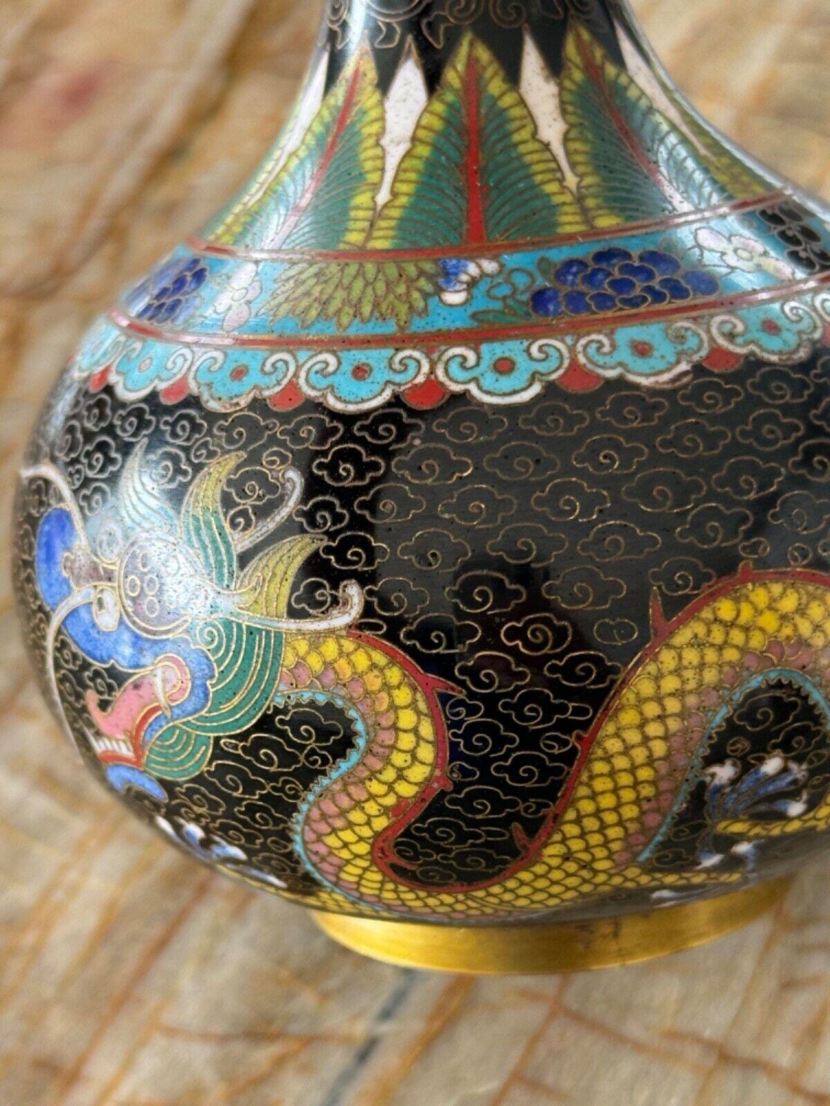 Vase Décoratif En Cuivre Cloisonné Bleu - Motif Dragons - Hauteur 31 Cm - Occasion En Bon état