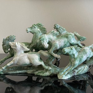 Vintage Chinese Hand Carved Green and Dark Brown Jade 6 Horse Group Figurine