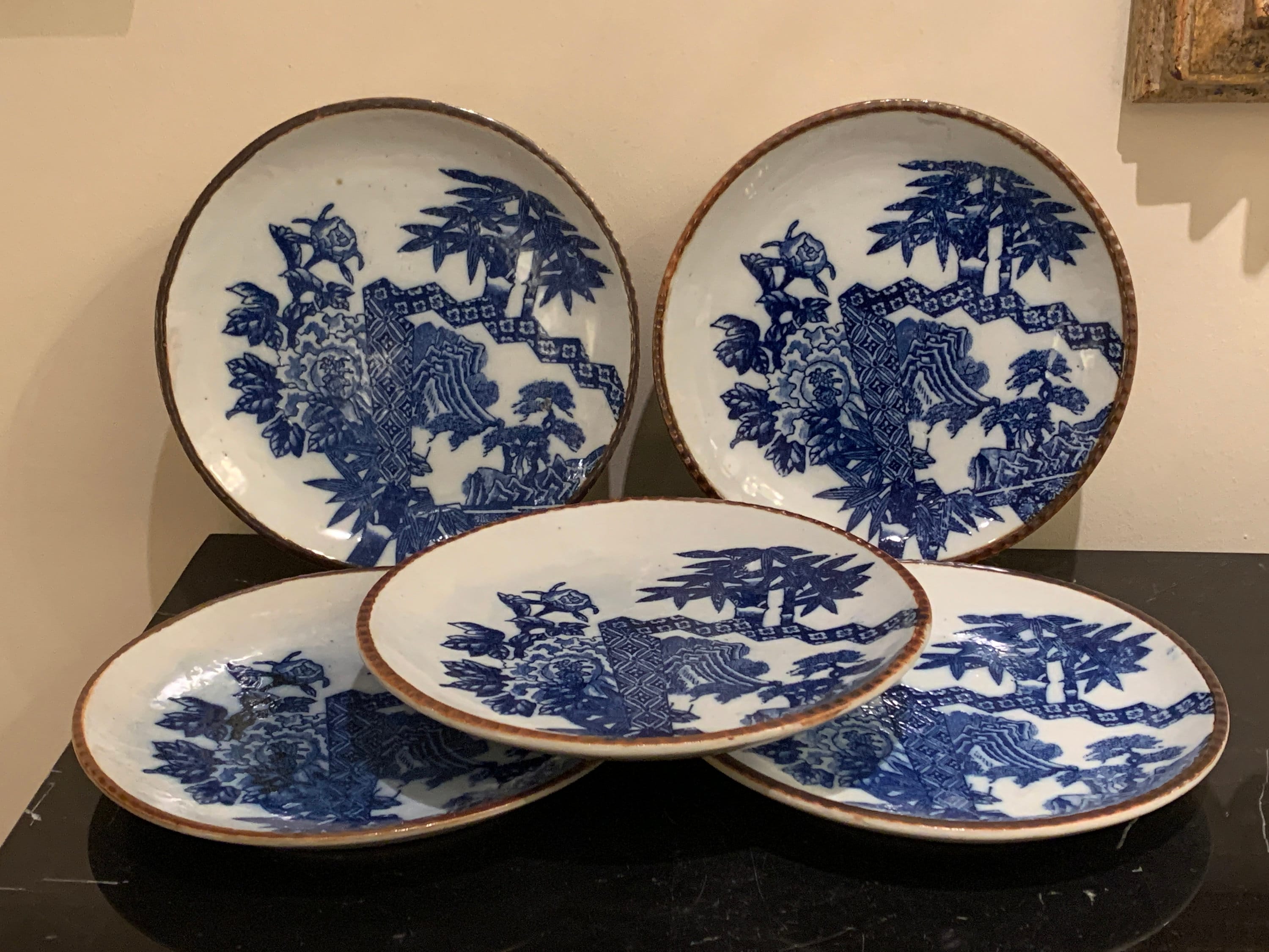 Old Japanese Igezara Blue and White Plates With Brown Scallop Rim