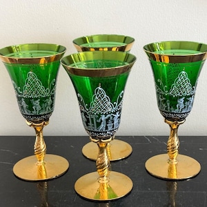 Vintage Italian Venetian Hand Painted Enamel Green and Gold Gilt Glass Goblets