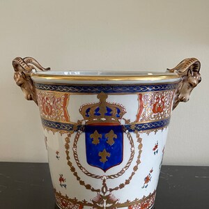 Louis XV French Royal Armorial Imari Oriental Porcelain Jardiniere with Ram Handles *