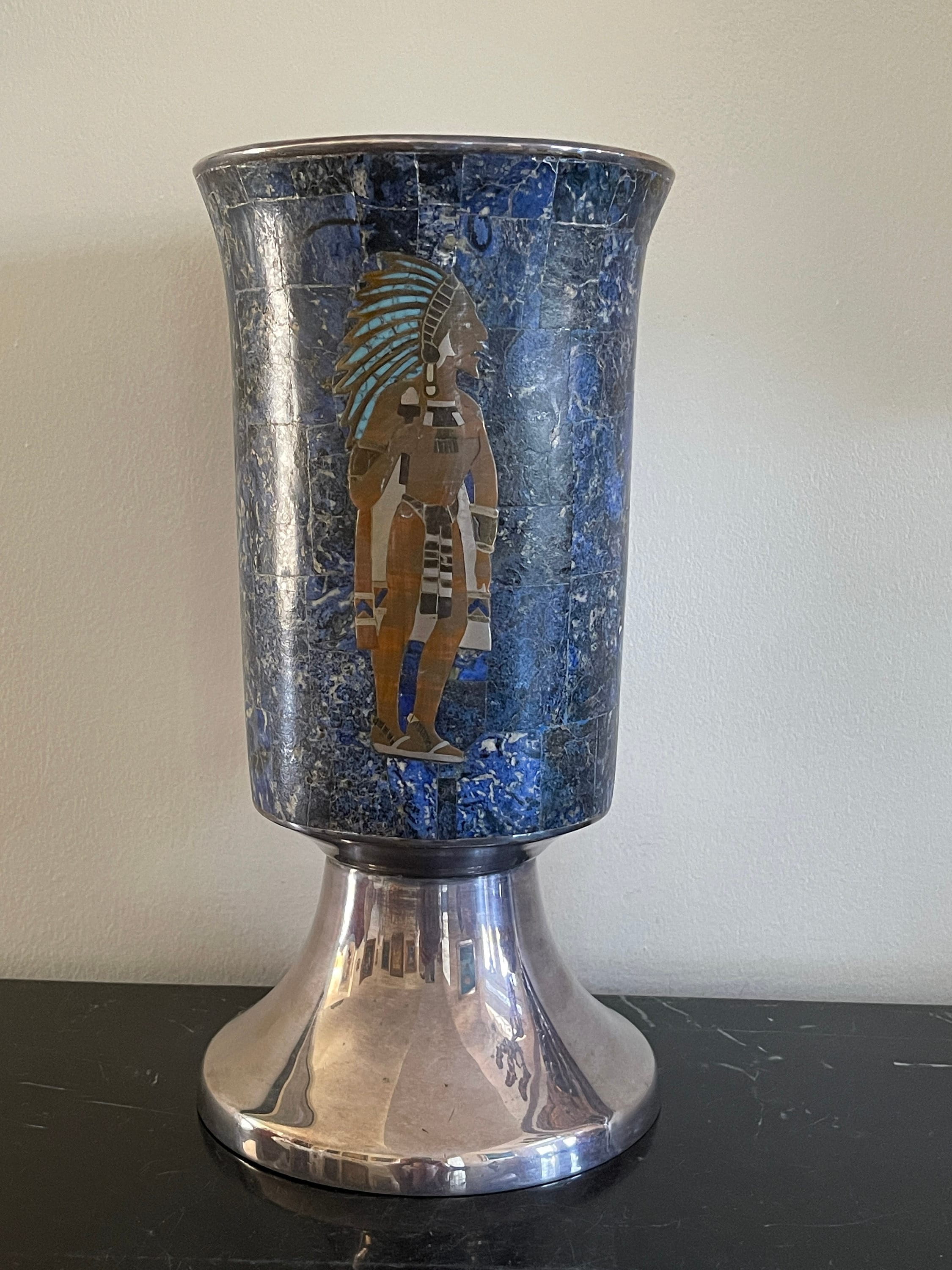 Los Castillo Taxco Mexico Plated Vase With Inlay Stones Aztecs Warriors Design