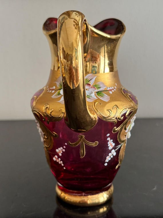 Vintage Venetian Murano Italy Red Gold Floral Enamel Creamer or