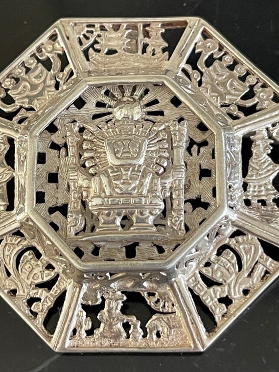 Vintage Sterling Silver .925 Aztec Calendar Pin P… - image 3