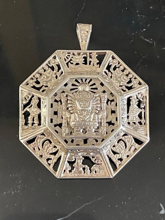 Vintage Sterling Silver .925 Aztec Calendar Pin P… - image 1