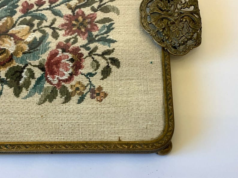 Vintage Victorian Style Footed Embroidered Panel Tray