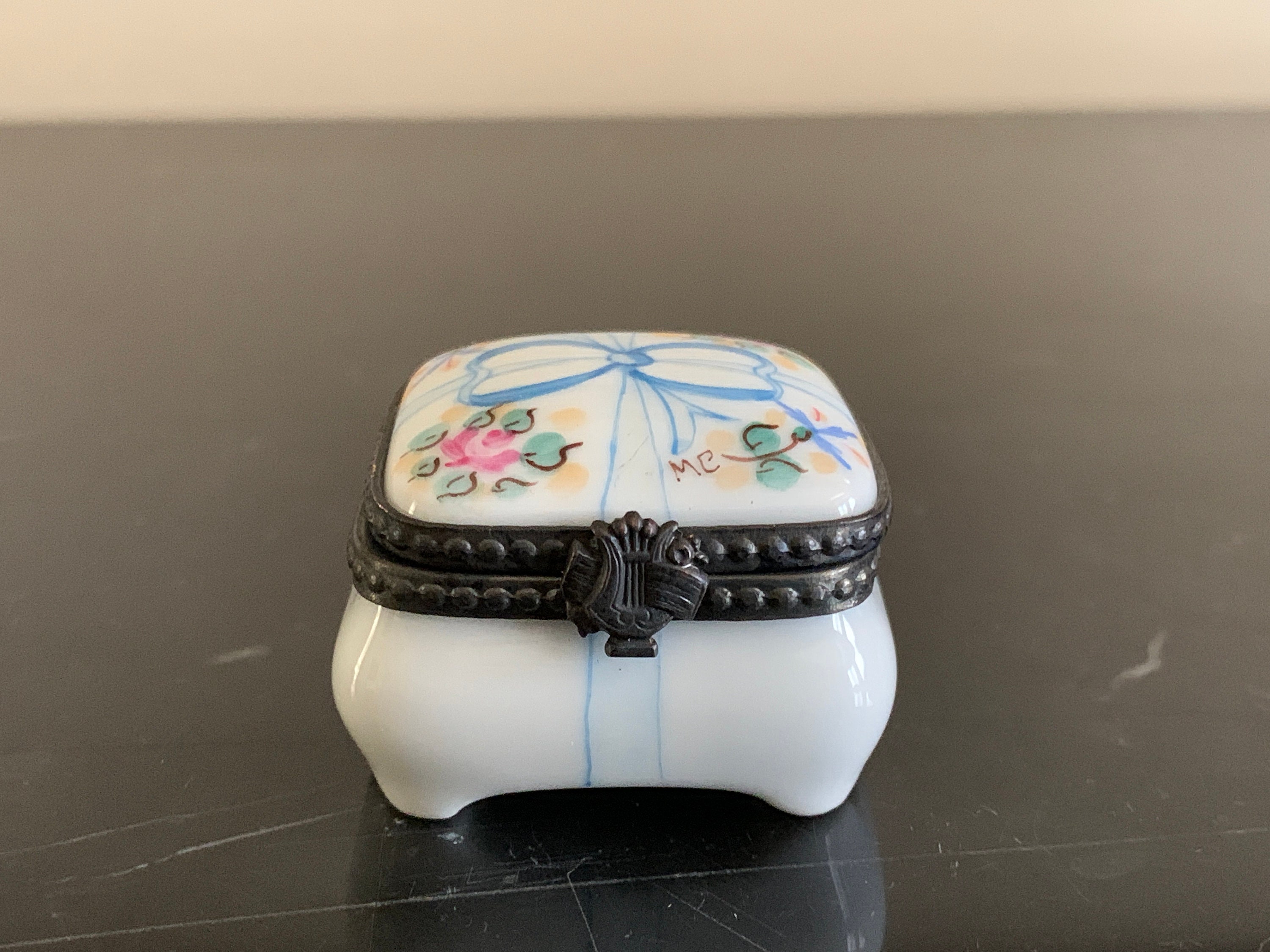 Limoges Rochard Hand Painted Floral Blue Ribbon Porcelain Trinket