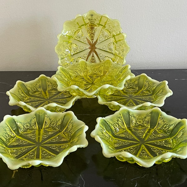 Victorian Pearline Glass 6 Lady Chippendale Uranium Yellow Dishes by Davidson Co