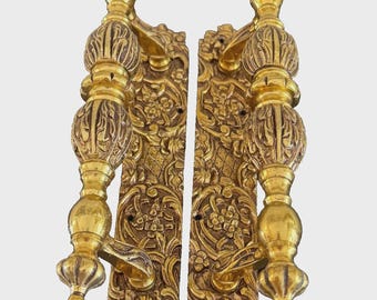 Pair of Antique Brass Ornate 8 1/4" Front Door Handle Pulls Knob (No Screws)
