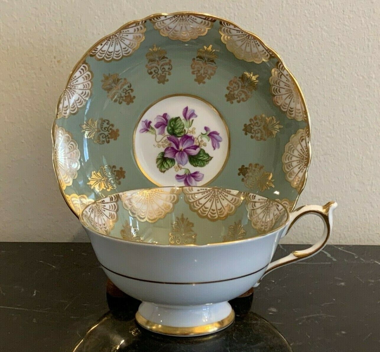 Paragon Bone China Green Gold Cup and Saucer with Purple Floral Decoration