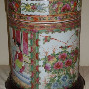 Unusual Vintage Chinese Famille Rose Lidded Canister Jar on a Wood Base image 4