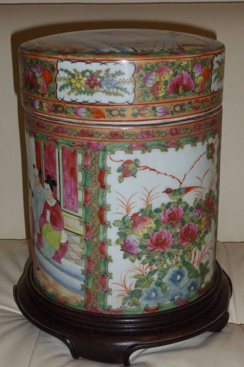 Unusual Vintage Chinese Famille Rose Lidded Canister Jar on a Wood Base image 4