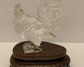 Antique Chinese Carved Rock Crystal Rooster Sculpture on Wood Base