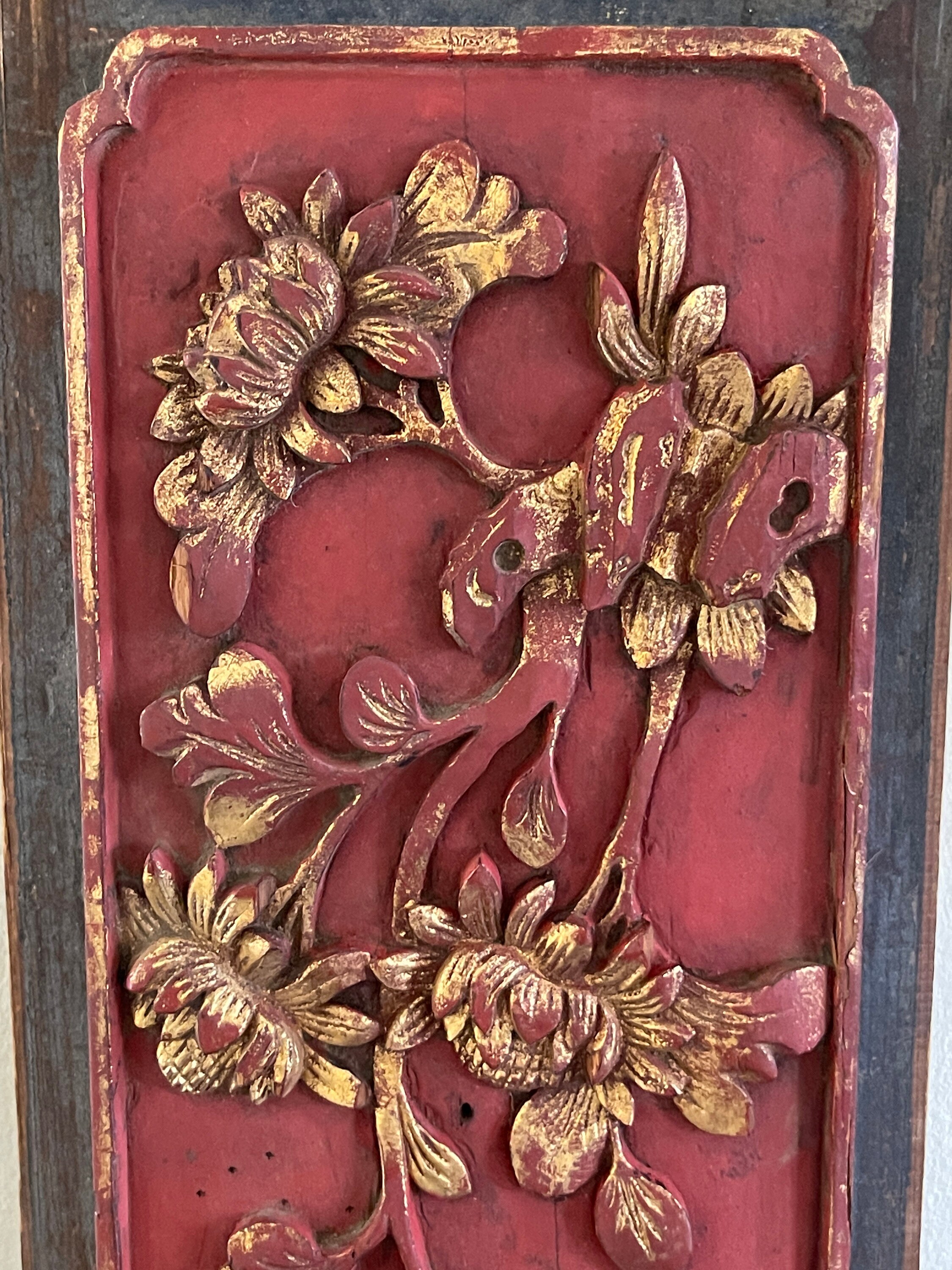 Vintage Chinese Exquisite Carved Wood Relic Flowers and Bird