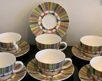 GIEN France Taffetas Multicolor Tassels Design Cups y Saucers Set de 6