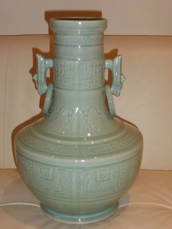 Large Antique Chinese Celadon Glazed Carved Porcelain Vase Etsy
