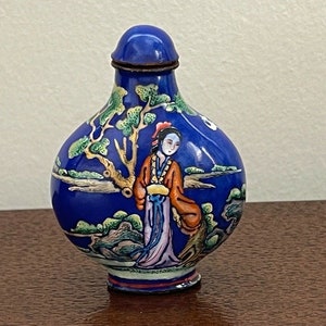 Vintage Chinese Finely Painted Metal Enamel Blue Asian Scene Snuff Bottle