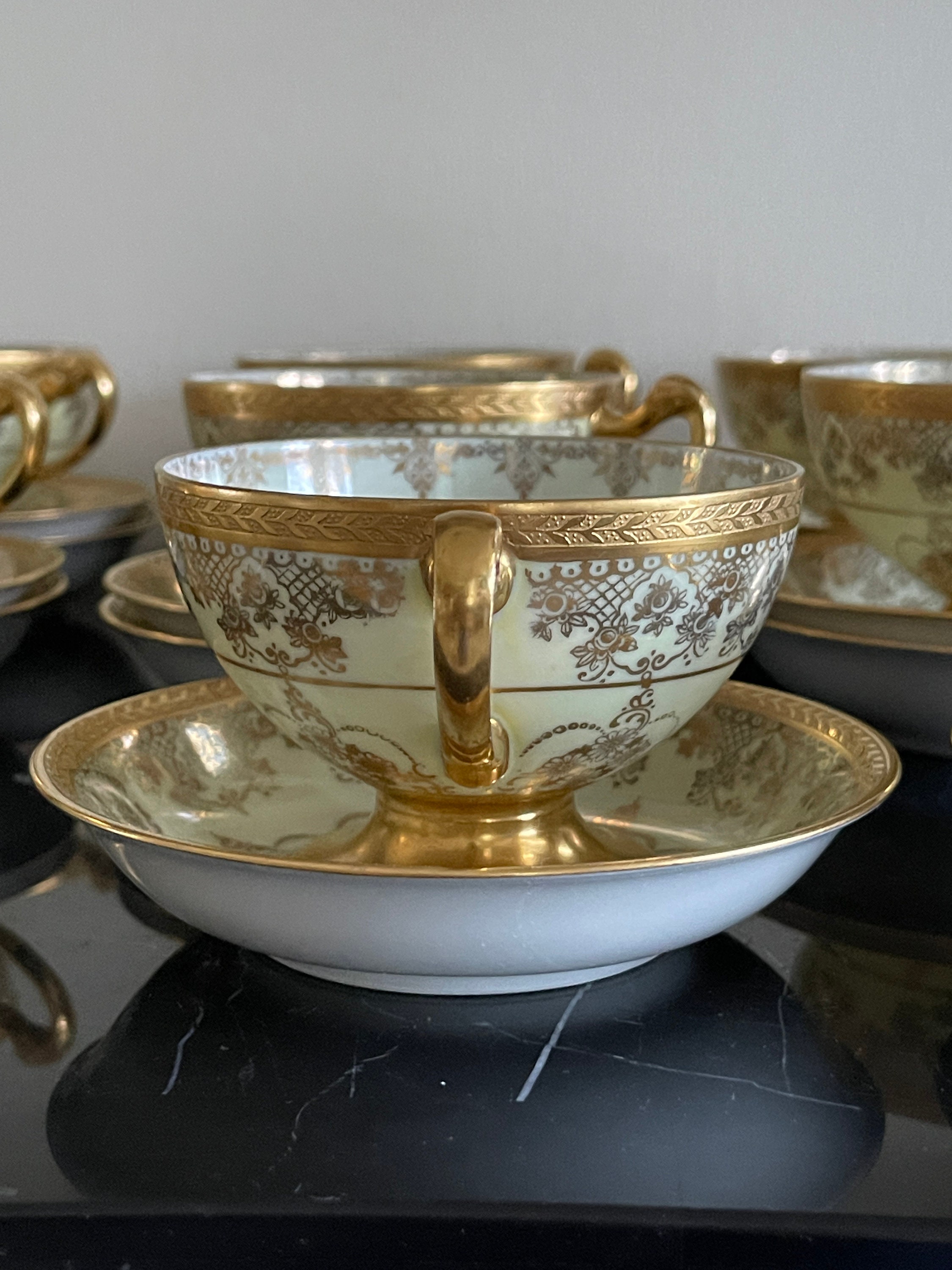 Hutschenreuther Selb Bavaria Porcelain Gold Encrusted Tea Cups and