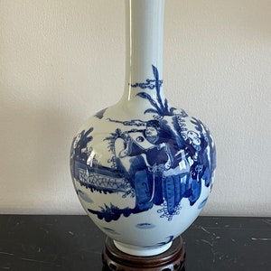 Chinese 19th Century Ching Dynasty Blue and White Porcelain Figural Bottle Vase *