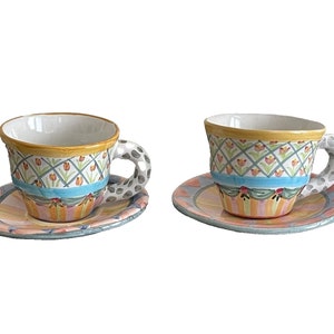 Mackenzie Childs Vintage set of 2 Ceramic Pottery Cups and Saucers *