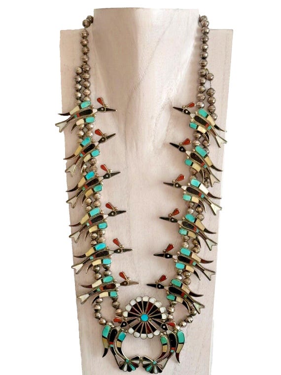 Intricate Vintage Zuni 'Needle Turquoise' Native American Jewelry Silver Squash Blossom Necklace Intricate Vintage Zuni 'Needle Turquoise' Native American Jewelry Silver Squash Blossom Necklace