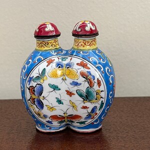 Vintage Chinese Metal Painted Enamel Butterflies Double Snuff Bottle