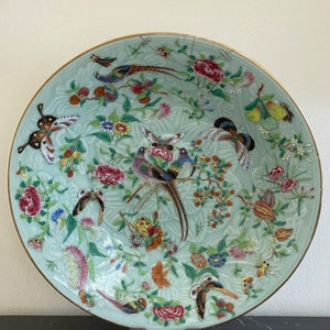 Antique Chinese 11 3/4" Celadon Porcelain Plate Birds, Butterflies Flowers Decor
