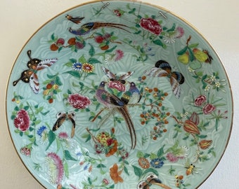 Antique Chinese 11 3/4" Celadon Porcelain Plate Birds, Butterflies Flowers Decor