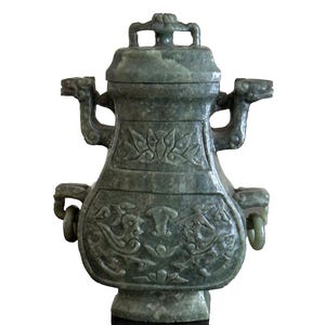Vintage Chinese Hand Carved Spinach Green Jade Covered Vase Vessel