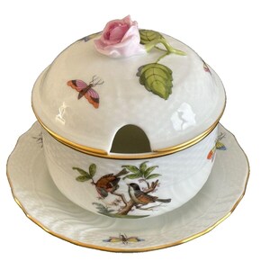 Herend Hand Painted Rothschild Bird Porcelain Jam Jelly Bowl w Pink Rose 1377/RO