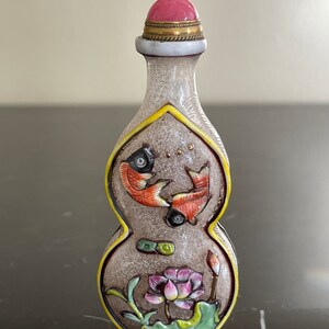 Vintage Peking Glass Snuff Bottle with Crane, Fish & Flowers Overlay Decoration